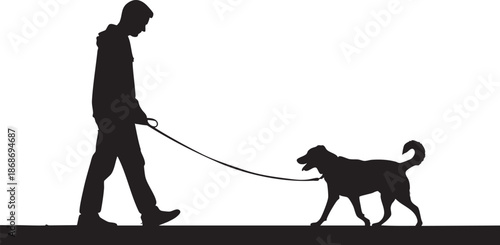 Silhouette of a person walking a dog on a leash against a white background