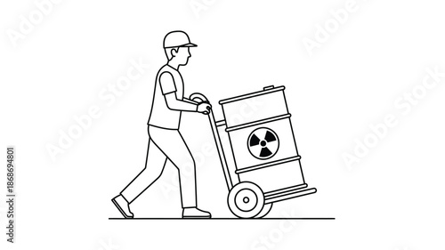 A worker pushing a hand truck with a radioactive hazard symbol line art illustration