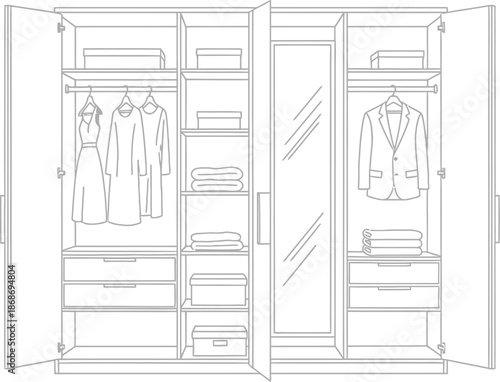 Open line art illustration of a large wardrobe with hanging clothes folded linens and storage compartments revealing organized interior design features including a full length mirror
