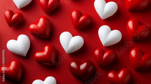 A vibrant collection of red and white heart-shaped candies on a solid red background, perfect for Valentine's Day or love-themed celebrations.