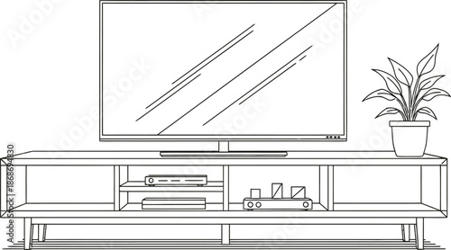 Minimalist line art drawing illustrating a modern television screen resting atop a low profile media console table with electronic components and a potted houseplant detail.