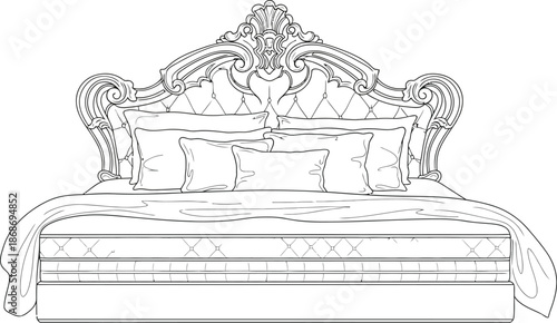 Detailed black and white line art illustration of a luxurious royal king size bed featuring an ornate carved headboard tufted with multiple decorative pillows and a thick layered mattress design.