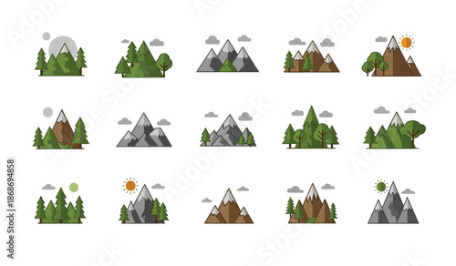 a collection of flat vector illustrations depicting various mountainous landscapes and forest scenes under sunny and cloudy skies is shown