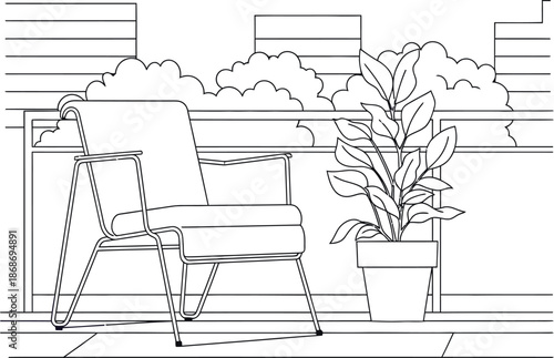 Minimalist line art illustration depicting a modern outdoor armchair and a potted houseplant situated on a balcony overlooking stylized city buildings and clouds.