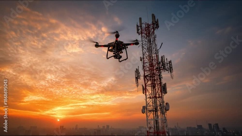 A drone hovers in the air next to a tall cell tower during a vibrant orange and blue sunset