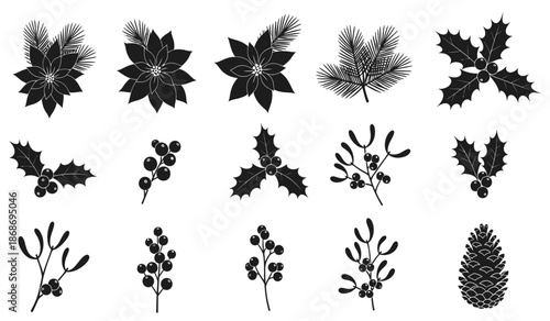 a collection of various festive botanical silhouettes including holly poinsettia mistletoe and pine branches depicted in black and white high quality