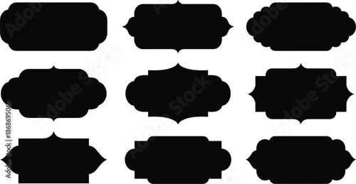 Set of black vintage frame silhouettes and ornate decorative labels for elegant wedding invitations and product branding