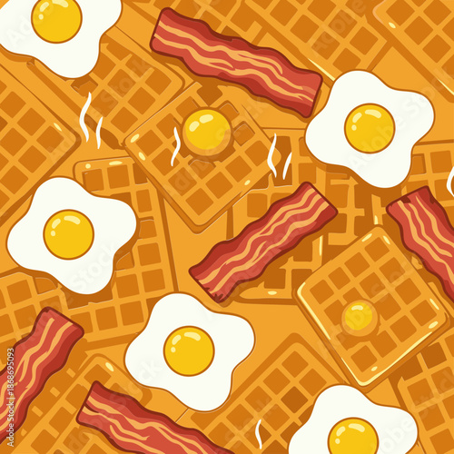 Breakfast food pattern featuring waffles, bacon, and fried eggs. Cartoonish breakfast foods in a repeating design. Colorful breakfast foods with a bright, appetizing aesthetic.