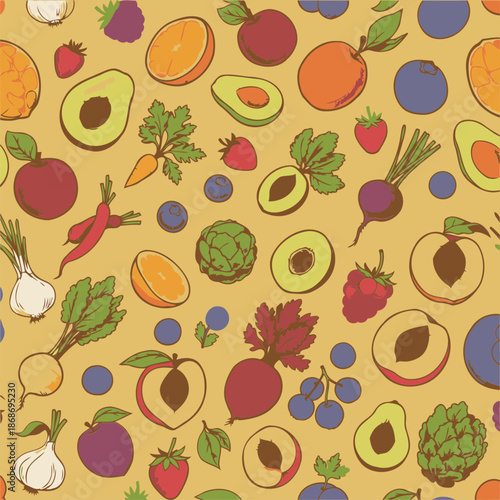 Hand drawn colorful fruit and vegetable pattern with a beige background. A variety of whole and sliced fruits and vegetables are arranged in a seamless repeating design.
