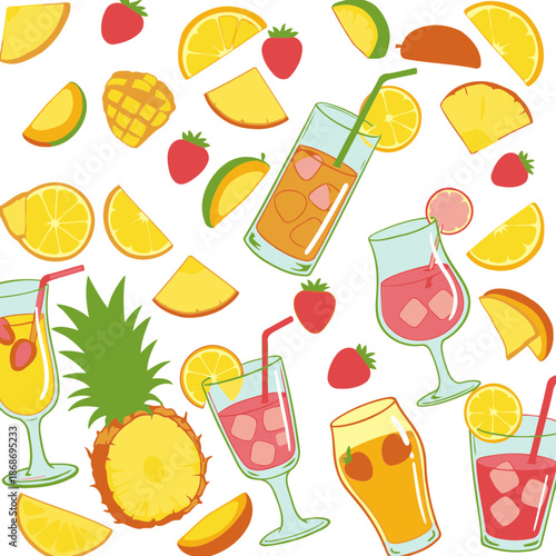 Colorful fruit cocktail drinks pattern with various tropical fruits. Vibrant illustrations of cocktails, garnished with fruit slices and ice, overlaid on a white background.