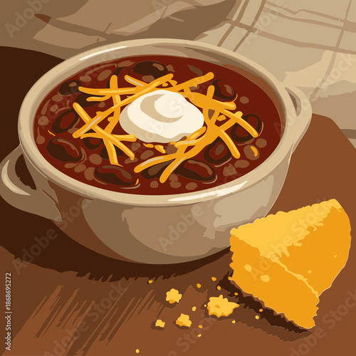 Chili in a bowl with cornbread on a wooden surface. A hearty bowl of chili topped with sour cream and cheese garnishes, accompanied by a piece of cornbread, sits on a wooden surface.