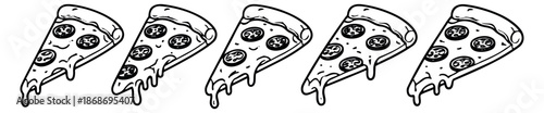 Hand drawn line art pizza slices set featuring melting cheese and pepperoni toppings for fast food and restaurant design