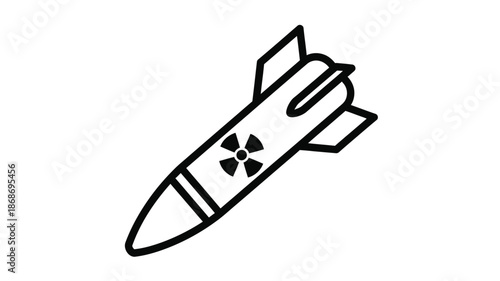 Simple black and white illustration of a bomb with a radiation hazard symbol
