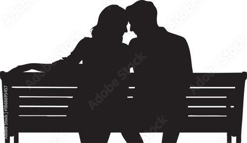Silhouette of couple kissing on a bench in a park setting