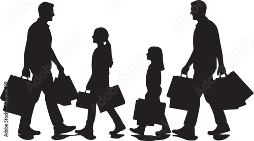 Silhouette of four people carrying shopping bags walking side by side