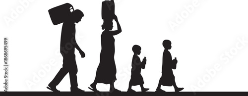 Silhouette of four people walking carrying various including a large rectangular on head large head