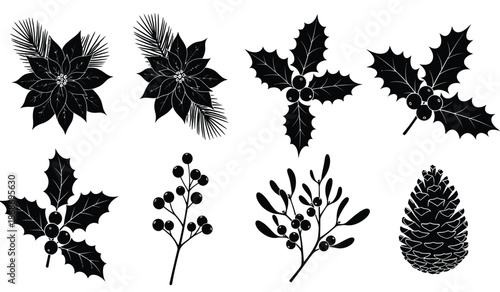 A stylized black and white illustration depicts various winter botanicals including holly poinsettia pine and mistletoe arrangements perfect for seasonal designs