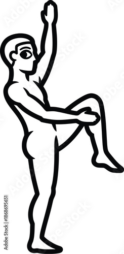 Simple black and white line art illustration depicting a male figure performing a standing knee to chest stretch exercise variation with one arm raised high above the head.