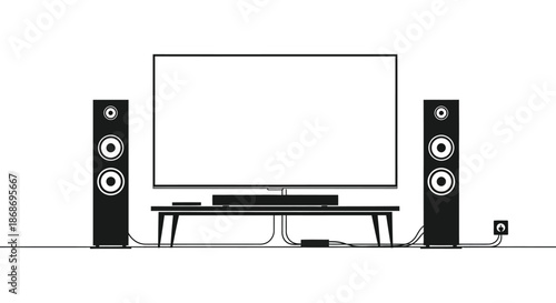 A modern home entertainment center featuring a flat screen tv and speakers silhouette