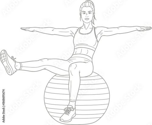 Athletic woman demonstrating a challenging core and balance exercise while seated securely on a large inflatable stability or exercise ball demonstrating proper form.
