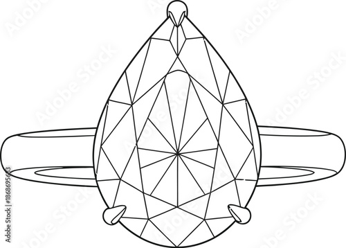 Outline drawing of a classic solitaire engagement ring featuring a beautifully faceted pear cut diamond held securely by prominent prongs against a clean white background.
