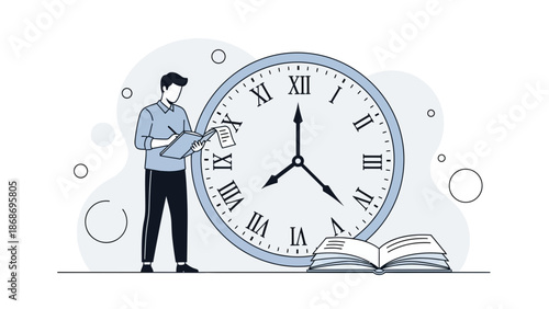 Man with Clipboard and Clock, Studying, Planning, Time Management, Education, Business Concept