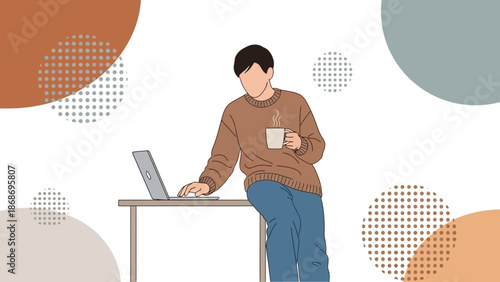 Man with Coffee and Laptop Relaxing at Desk, Abstract Background