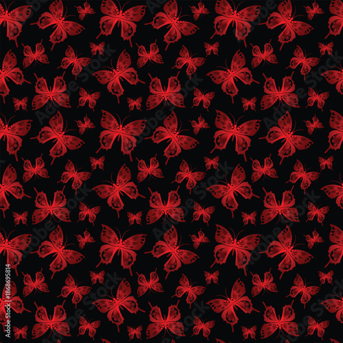 A vibrant pattern of red butterflies set against a striking black background, creating a bold and elegant design.
