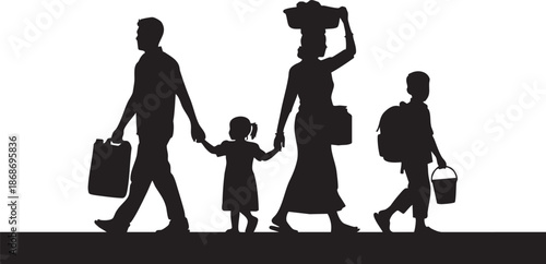 Silhouettes of a family walking with bags and backpacks on a white background woman