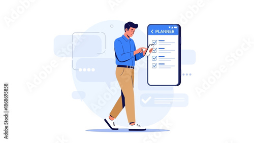 Man Using Digital Planner App on Smartphone, Task Management, To-Do List Concept