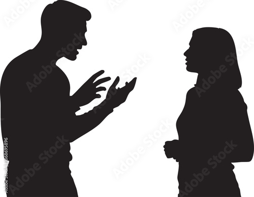 Silhouettes of a man and woman arguing with hands gesturing against a white background gesture