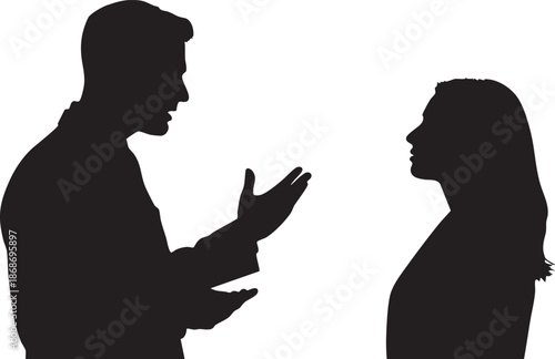 Silhouettes of a man and woman arguing with hands raised against a white background conflict