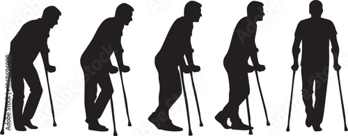 Silhouettes of a person walking with crutches in five different stages of motion