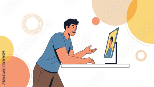 Man video calling on computer, communication concept, flat design