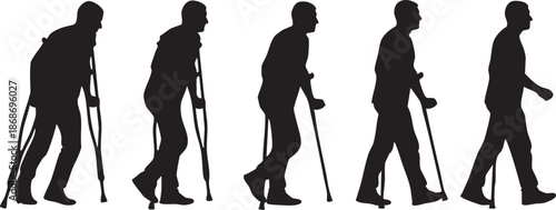 Silhouettes of a person walking with crutches showing gradual recovery and improvement