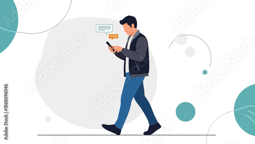 Man walking and texting on smartphone, communication, technology, lifestyle illustration
