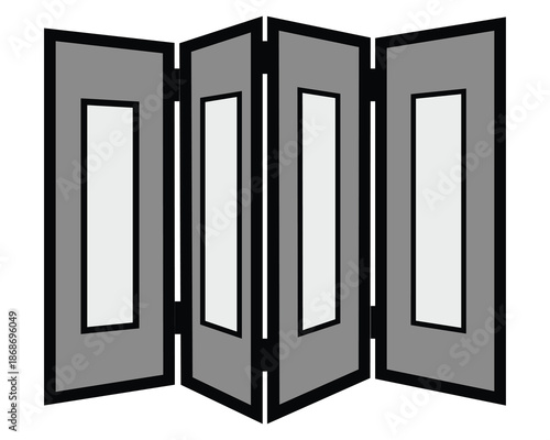 Folding room divider screen structure with four panels in gray and white tones