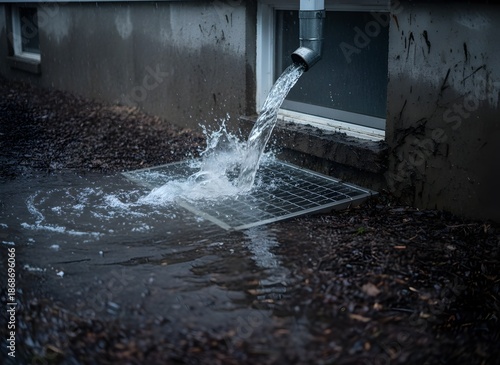 Downspout with Heavy Water Splashing on Drain Symbolizing Stormwater Management, Flood Prevention, Drainage, Building Safety