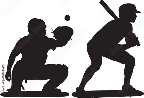 Silhouettes of baseball batter, catcher, and umpire during a pitch