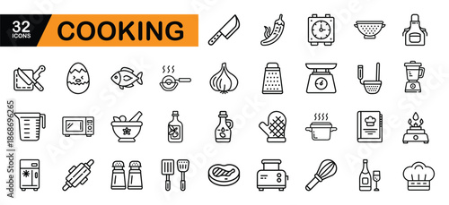 Cooking Icons Set with Kitchen Utensils and Food Items