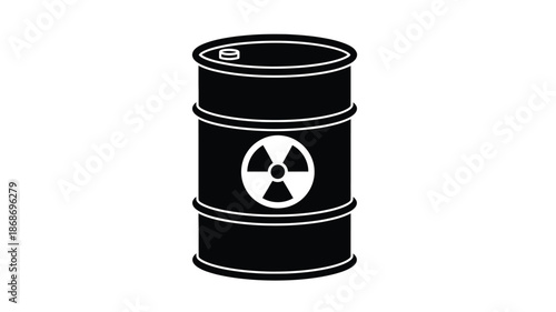 A stark black and white illustration of a cylindrical barrel with a radioactive symbol
