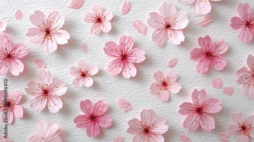 Fototapeta premium Delicate close-up of scattered pink cherry blossom flowers and petals on a textured white surface