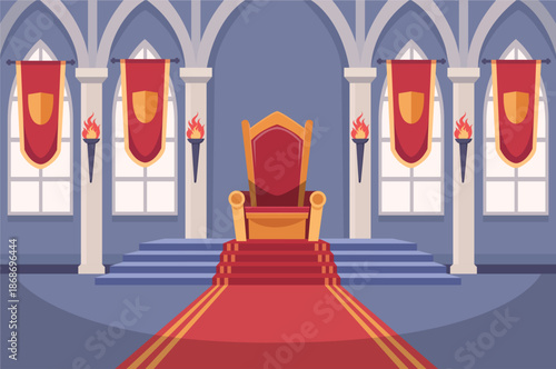 Empty castle hall room with golden king throne on pedestal with stair. Interior of medieval room. Vector stock