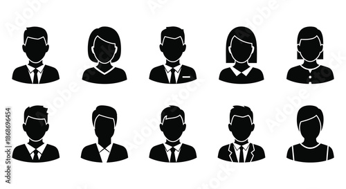 A collection of professional business people icons in black depicting various genders and styles silhouette