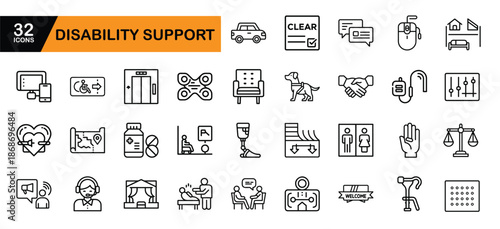 Disability Support Icons Set with Accessibility and Assistance Symbols