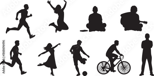 Silhouettes of people engaging in various activities including running, jumping, playing guitar, dancing, playing soccer, and riding a bicycle