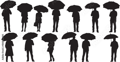 Silhouettes of people holding black umbrellas in a row