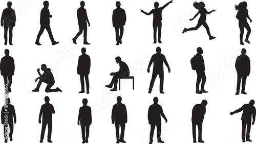 Silhouettes of people in various poses and activities in black and white standing