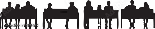 Silhouettes of people sitting at tables in a row facing each other chairs meeting