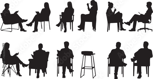 Silhouettes of people sitting and drinking coffee in various poses and settings